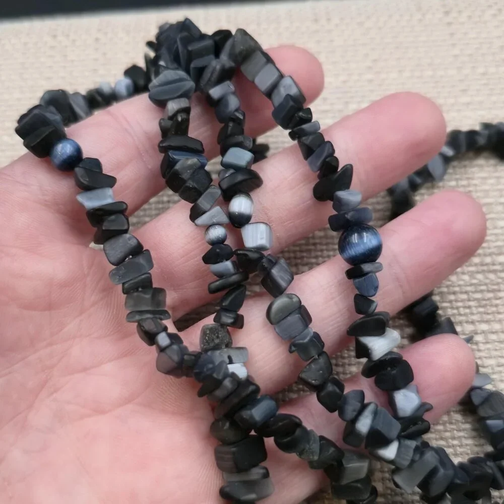 Slip On 17 Inch Dark Tones Shell And Cat's Eye Stones Necklace B992 - Picture 3 of 5